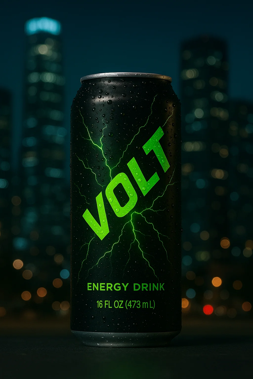Lata de bebida energética Volt sobre un fondo de grafitis urbanos y luces de neón.